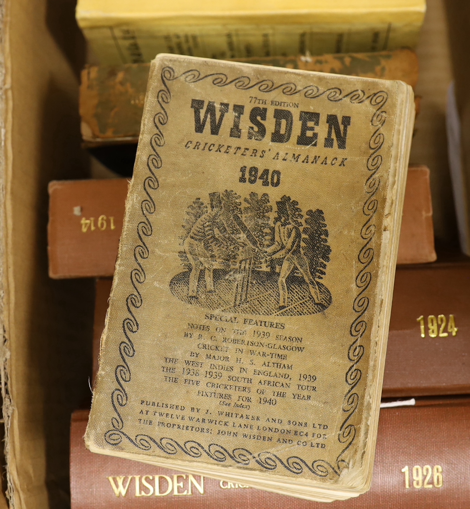 Wisden's Cricketers Almanack, some earlier volumes and a long post-war run, comprises: 1947-2005 (59 vols., limp cloth and cloth with d/wrapper bindings); and the following earlier years - 1911, 1912, 1914, 1920, 1924, 1